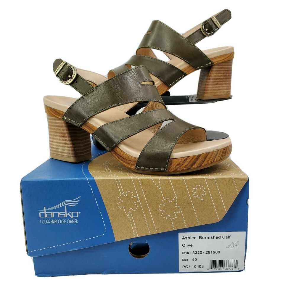 New Dansko Ashlee Sandal Olive Burnished Calf Leather Block Heel Size 40 9.5-10